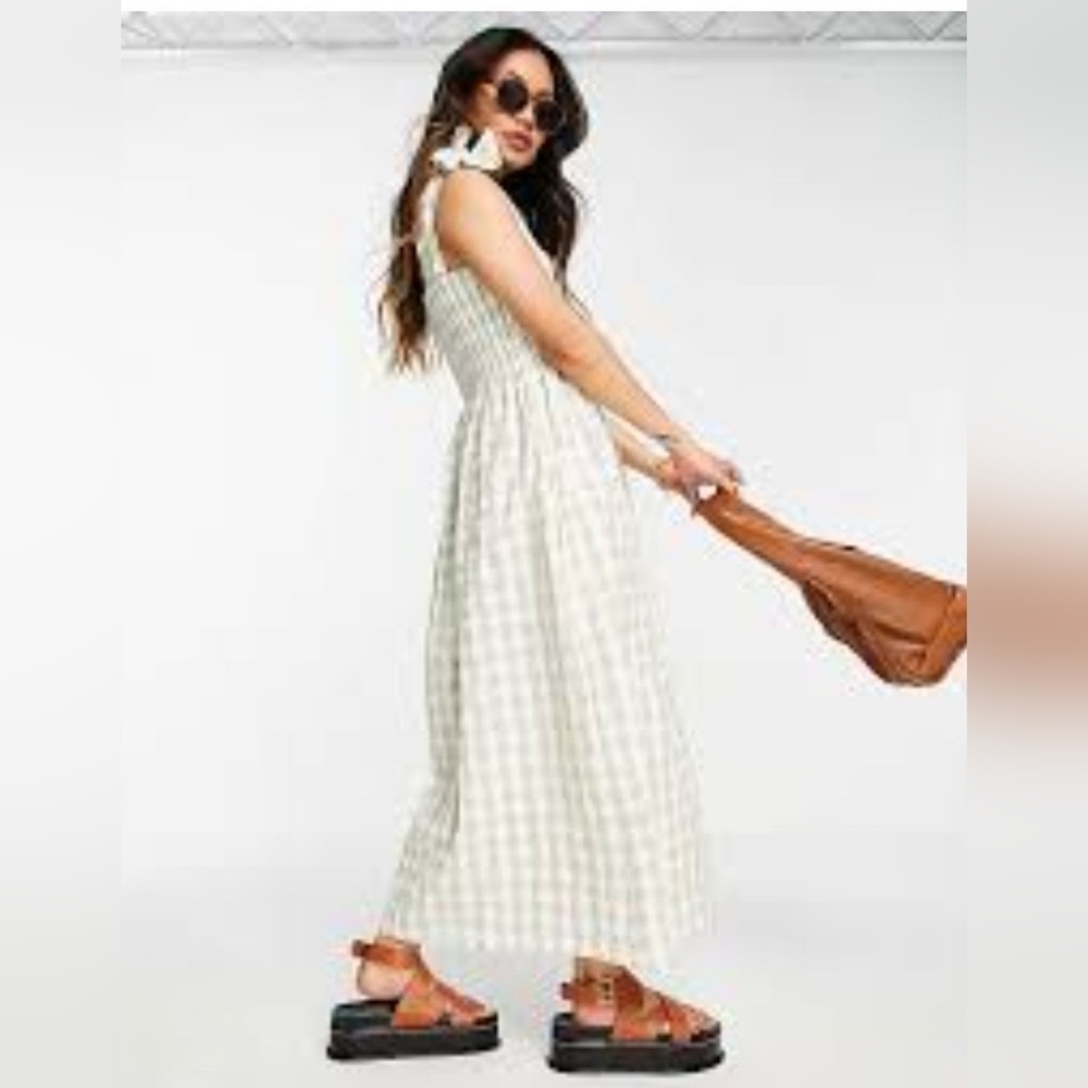 Mango Women's Shirred Searsucker Sundress | Sage Gingham | Medium - Picture 2 of 7